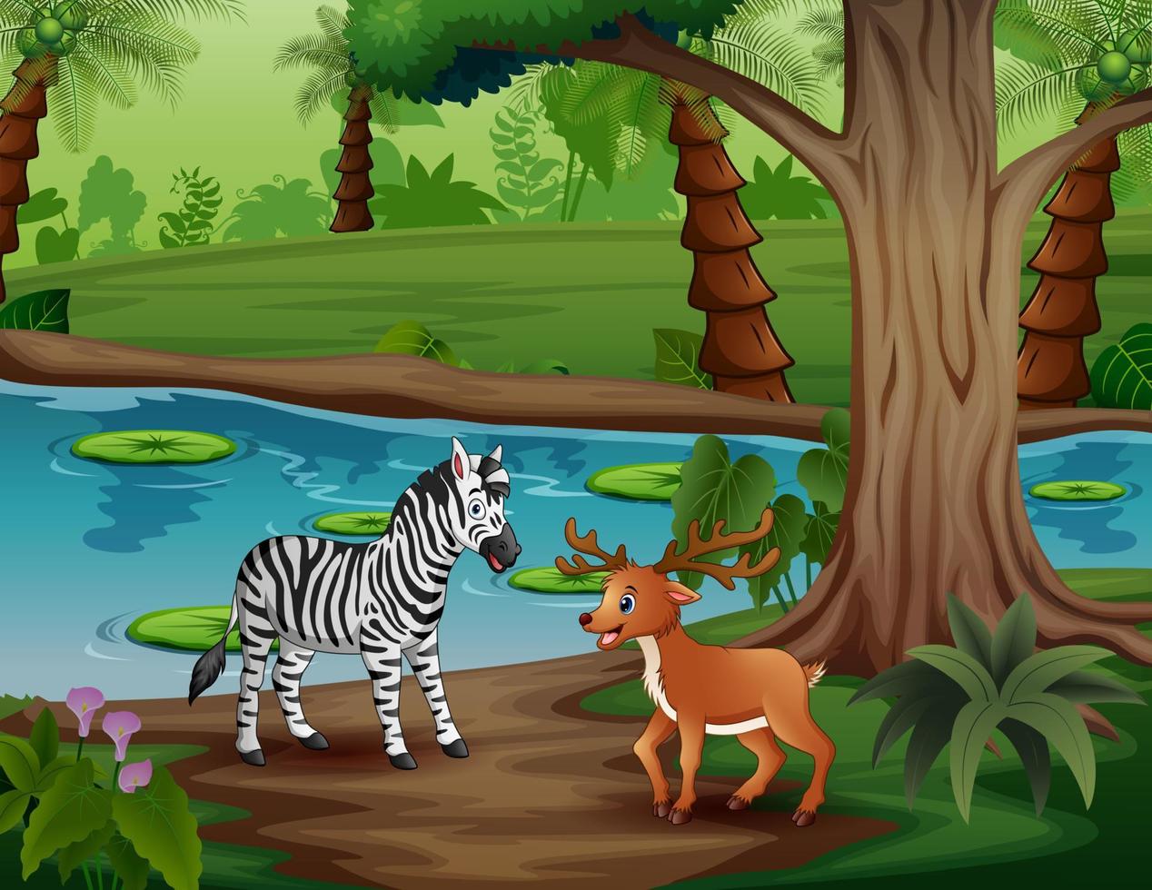 dessin animé un zèbre et un petit cerf au bord de la rivière illustration vecteur