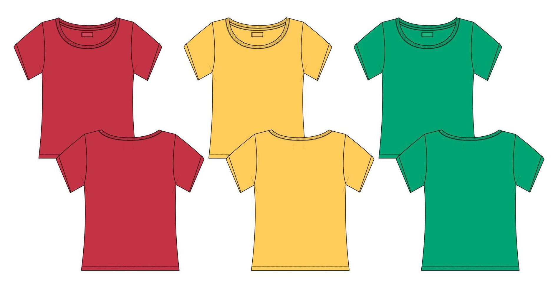 modèle de mode de croquis technique de t-shirt plat à manches courtes multicolore pour femmes et filles. vêtements d'illustration d'art vectoriel maquette avant, vue arrière. modification facile personnalisable