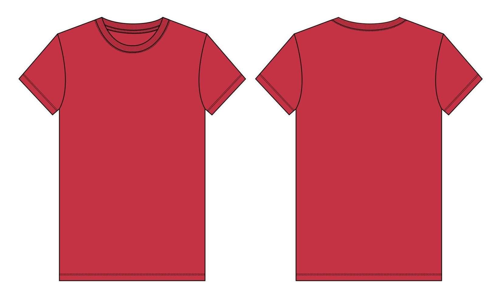 t-shirt à manches courtes mode technique croquis plat modèle de couleur rouge. illustration vectorielle conception de vêtements de base vue avant et arrière. édition facile et personnalisable. vecteur