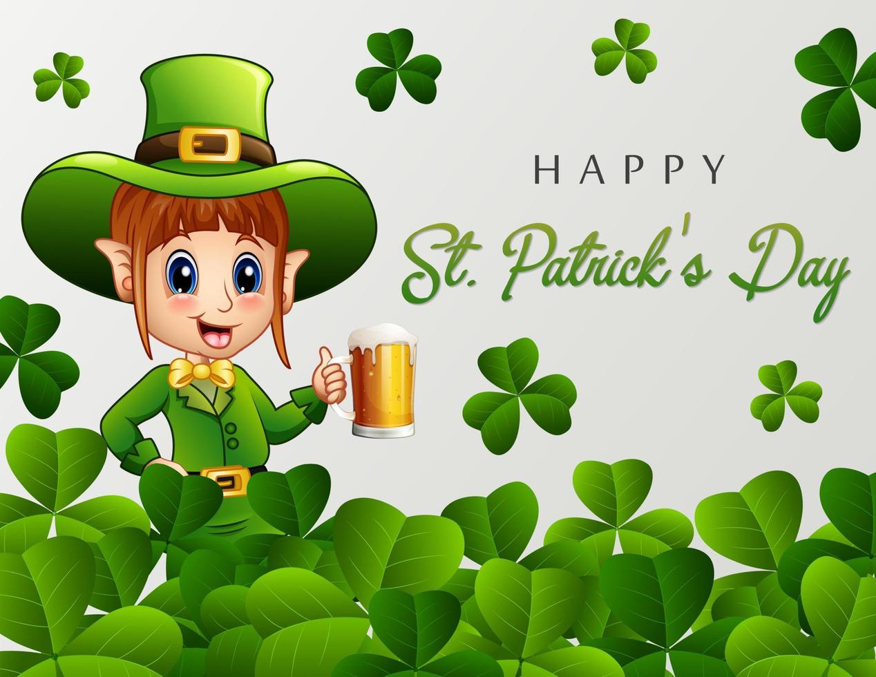 joyeux jour de la saint patrick salutation avec lutin tenant un verre de bière vecteur