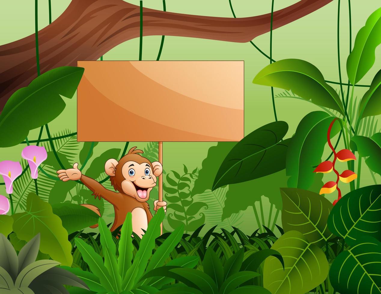 mignon un singe tenant une pancarte en bois dans les buissons vecteur