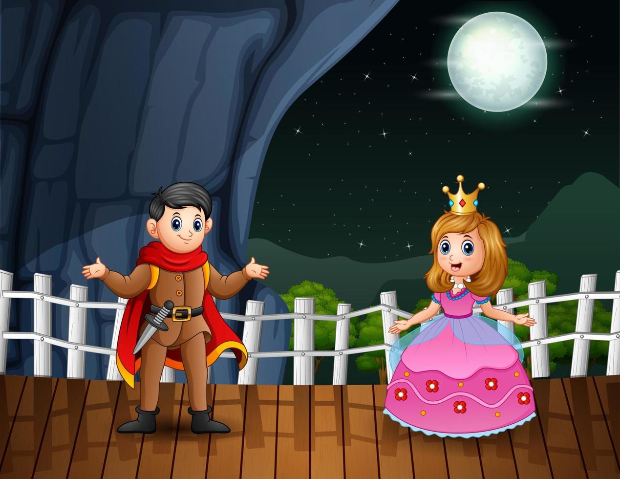 dessin animé une princesse et un prince dans le fond de la nuit vecteur