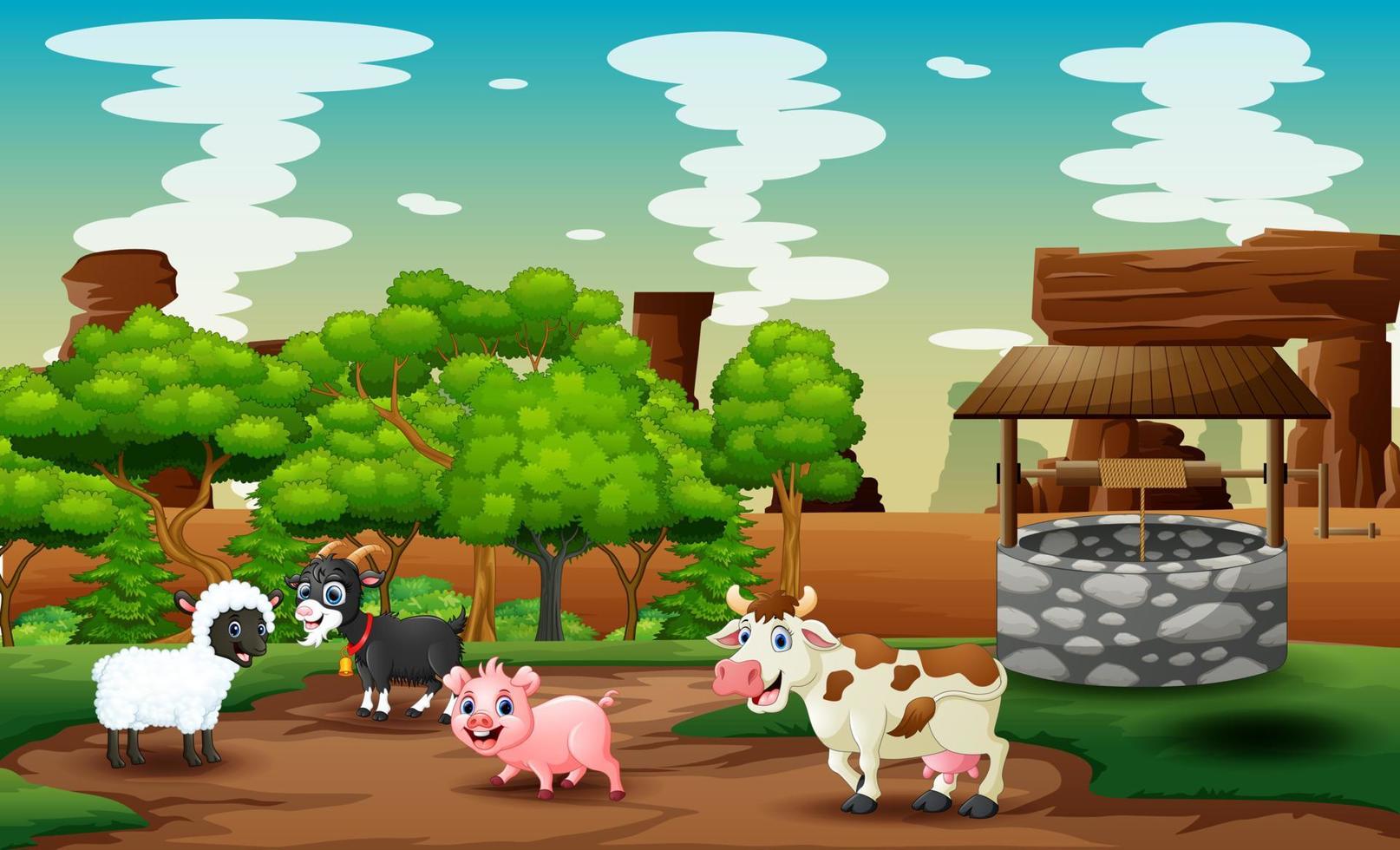 ferme d'animaux de dessin animé jouant dans les terres agricoles près du puits vecteur