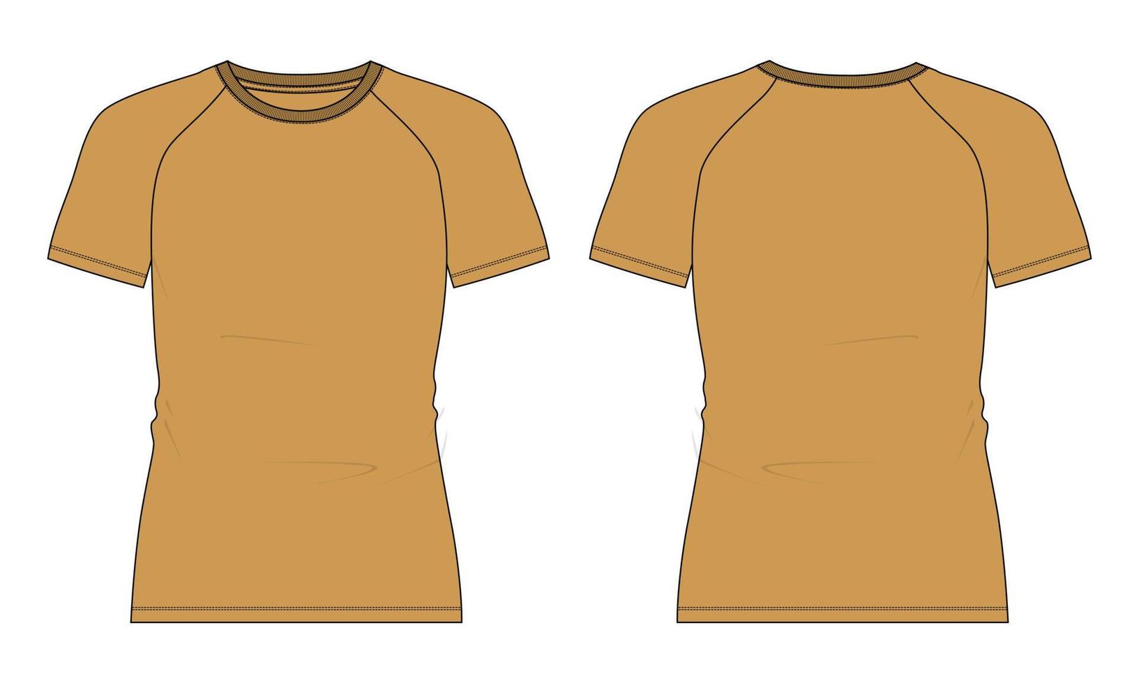 coupe slim t-shirt raglan à manches courtes mode technique croquis plat illustration vectorielle modèle de couleur jaune vues avant et arrière isolées sur fond blanc. vecteur