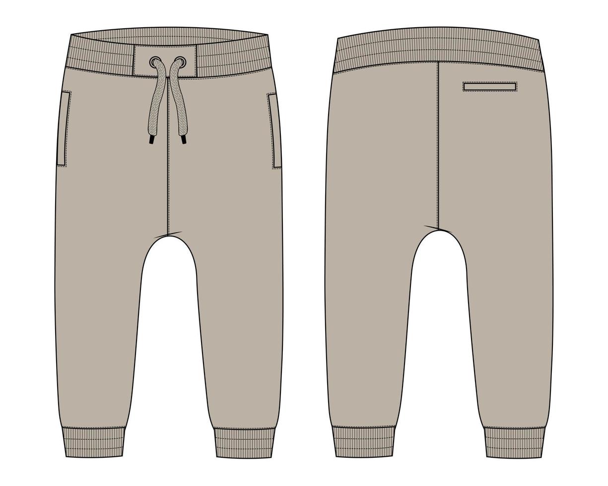 pantalon de survêtement de base en jersey de coton polaire mode technique croquis plat modèle de couleur kaki vues avant et arrière. illustration vectorielle de pantalon de jogging de vêtements maquette pour les enfants et les garçons. vecteur