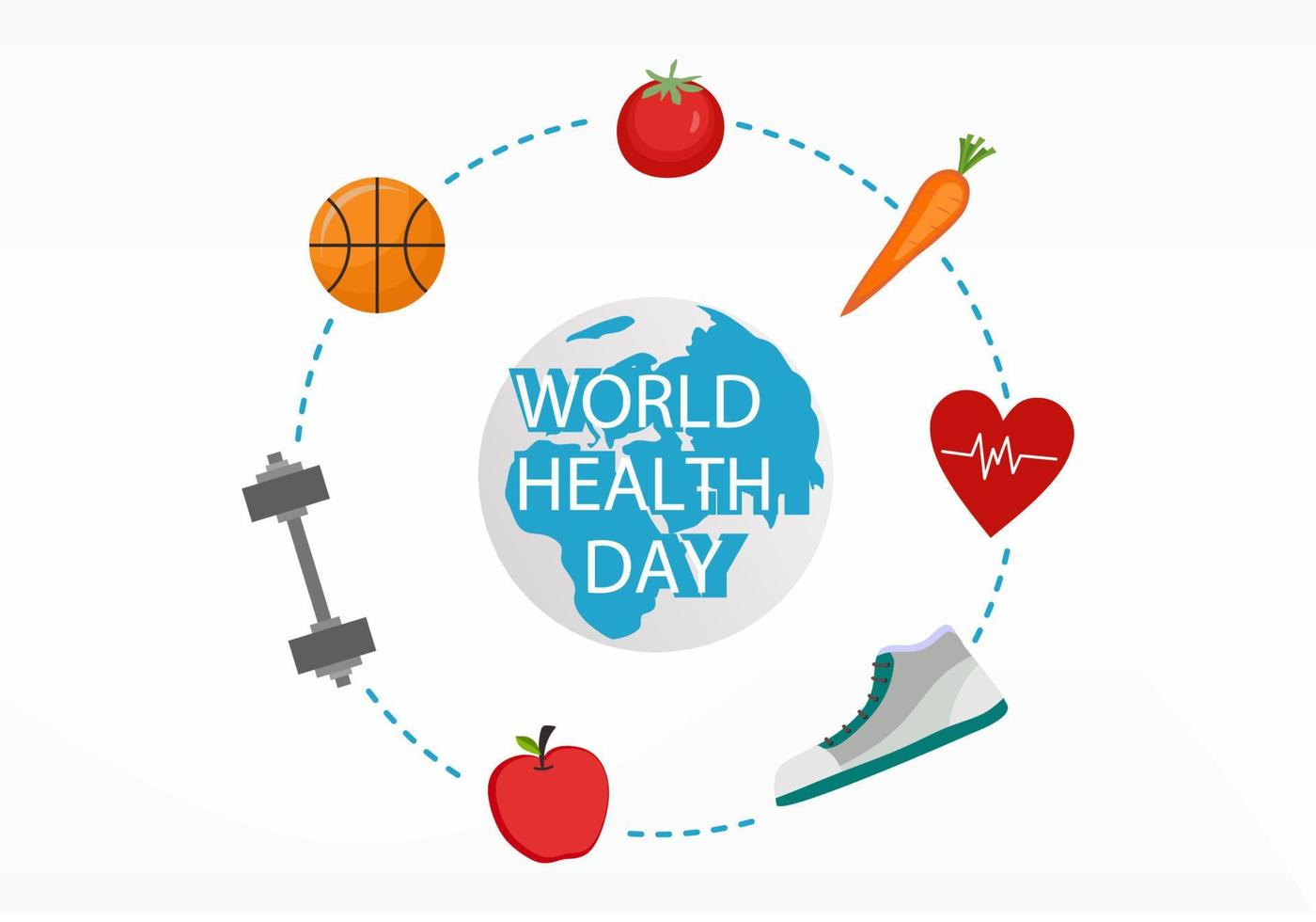 fond de la journée mondiale de la santé avec de la terre, des fruits et des équipements sportifs vecteur