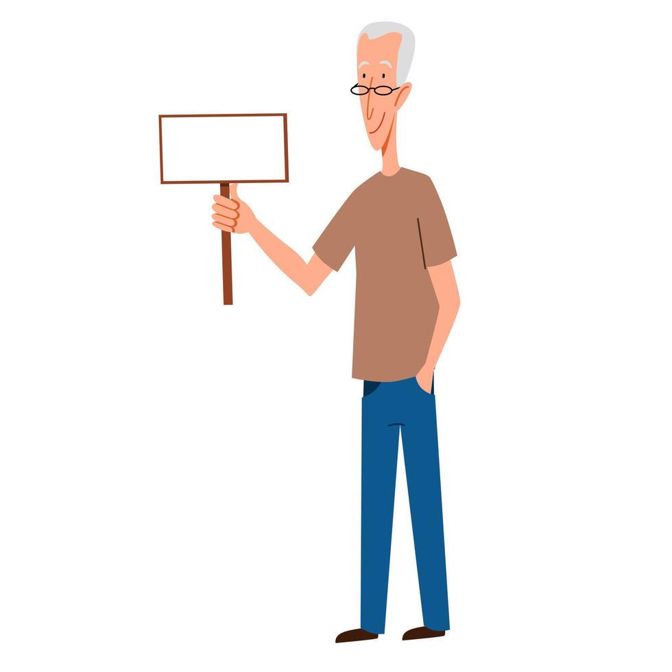 un homme mince aux cheveux gris avec un signe pour le texte dans sa main. illustration vectorielle dans un style de dessin animé plat. vecteur