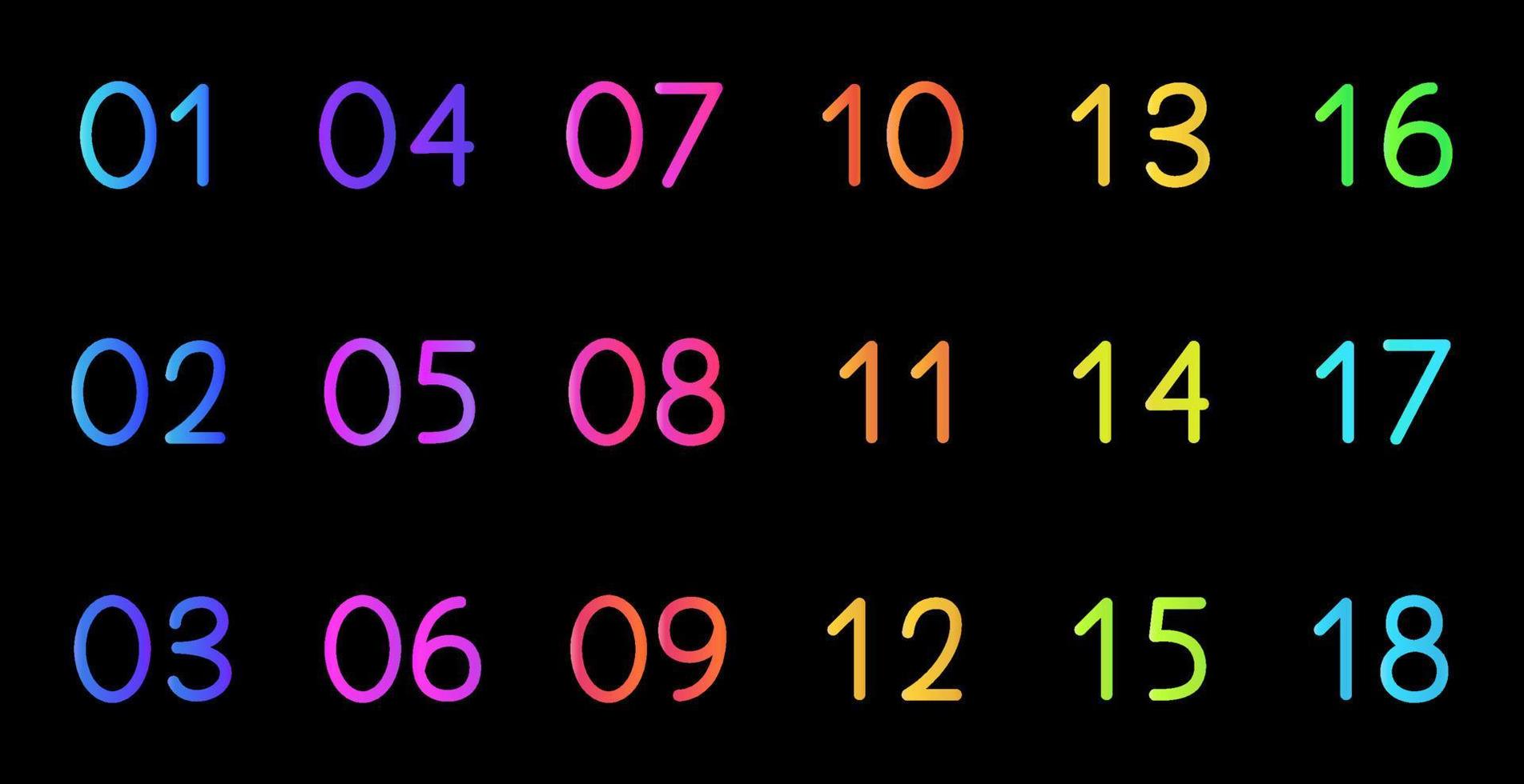 chiffres colorés. numéros de gradient de 1 à 18. conceptions de polices modernes isolées sur fond noir. vecteur