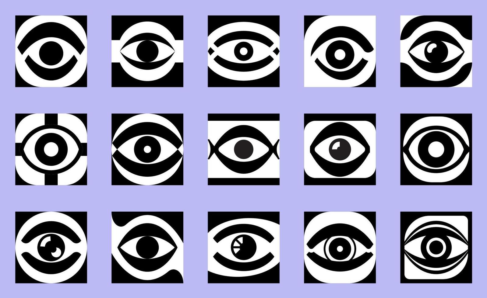 jeu d'illustrations de logo vectoriel oeil. icônes d'oeil noir et blanc isolées sur fond bleu blanc. yeux dans le jeu d'icônes abstraites de carrés.