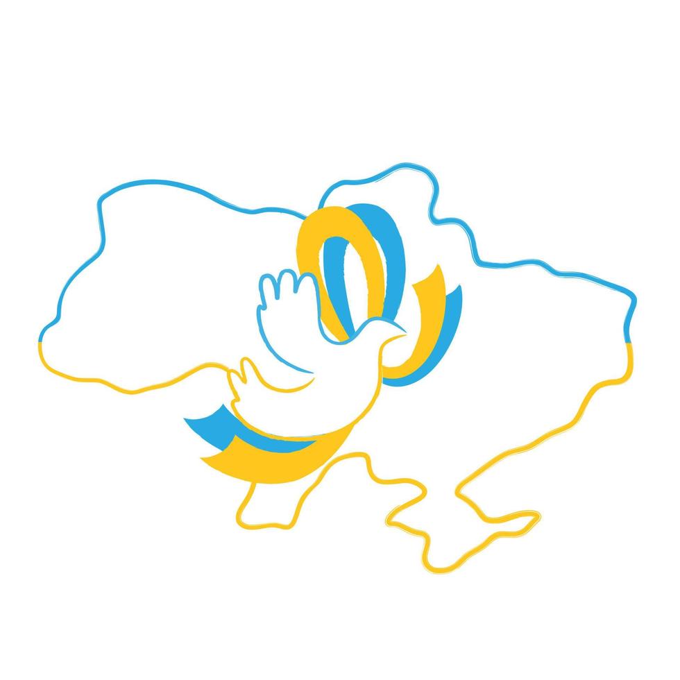 symbole de paix colombe blanche avec ruban aux couleurs du drapeau ukrainien sur la carte de l'ukraine. soutenir le concept de l'ukraine. illustration vectorielle plate isolée sur fond blanc. vecteur