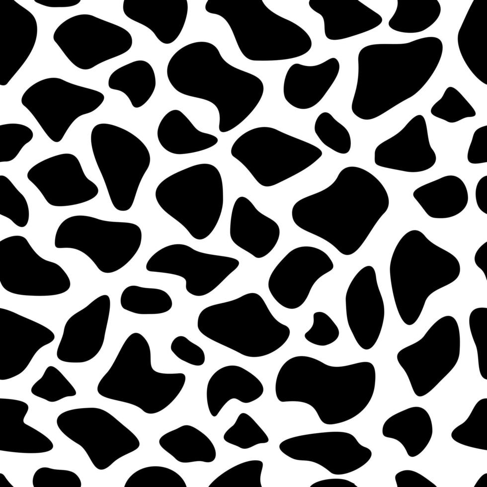 conception vectorielle d'un motif de peau de vache à lait avec une texture lisse en noir et blanc, peut être utilisée pour les tissus, les textiles, le papier d'emballage, les nappes, les tissus de rideaux, les vêtements. motif vectoriel sans couture.