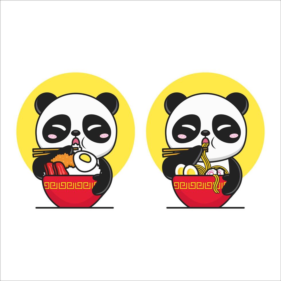 panda mignon mangeant du riz et des nouilles dans le logo du bol rouge vecteur