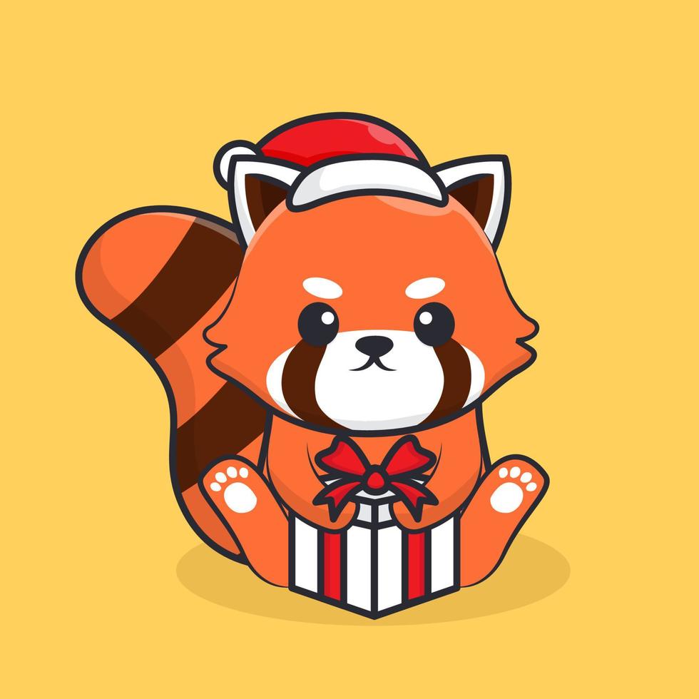 panda rouge de caractère tenant un cadeau pour le vecteur de noël