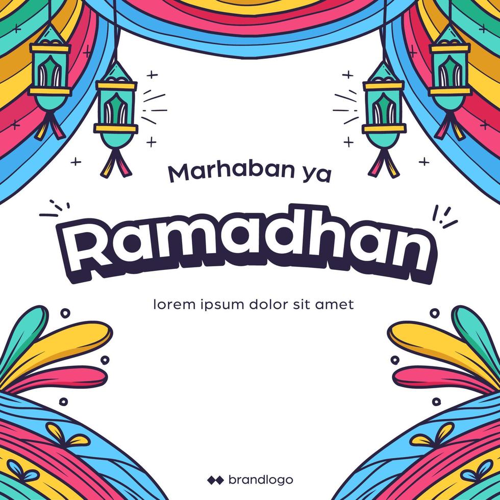 affiche de voeux de ramadhan colorée, marhaban ya ramadhan dessiné à la main avec illustration de voeux d'affiche de lanterne vecteur