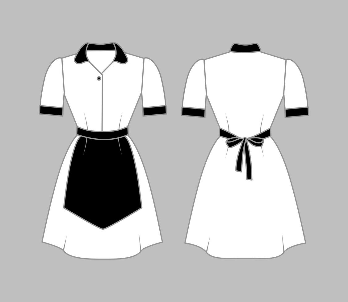 uniforme de bonne blanche avec un tablier, un col et des poignets noirs. vue avant et arrière. maquette. illustration vectorielle d'un arrière-plan isolé. vecteur