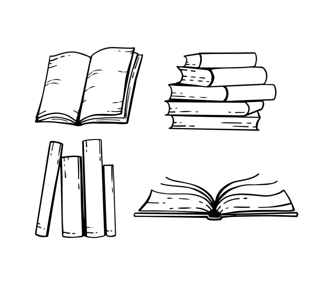 livres ensemble noir et blanc dessinés à la main. livres ouverts, empilés et posés sur une étagère. illustration vectorielle. vecteur