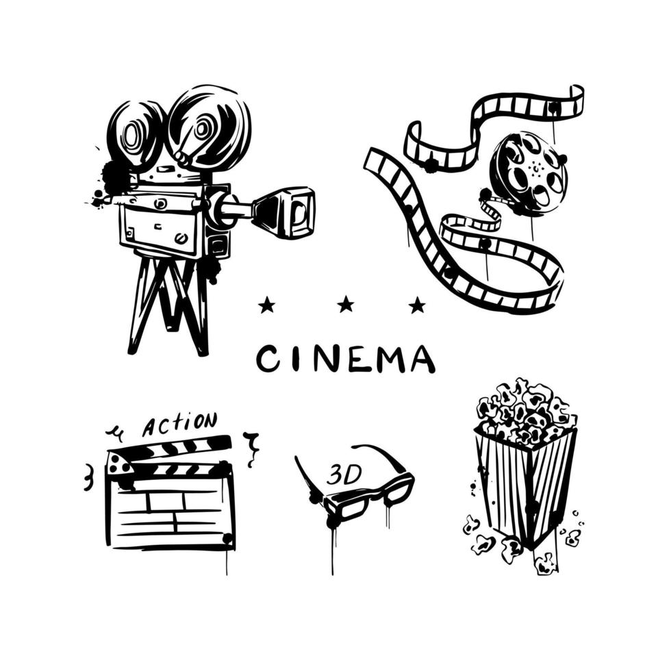 film vintage avec appareil photo, bobine, pop-corn, lunettes 3d. cinéma. un croquis dessiné à la main sur un fond blanc isolé vecteur