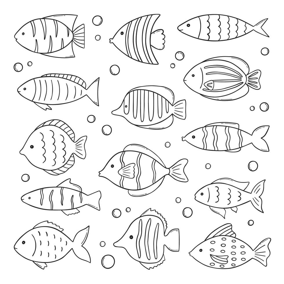 ensemble de doodle mignon de poisson de mer. monde sous-marin dans le style de croquis. illustration de vecteur dessiné à la main isolé sur fond blanc.