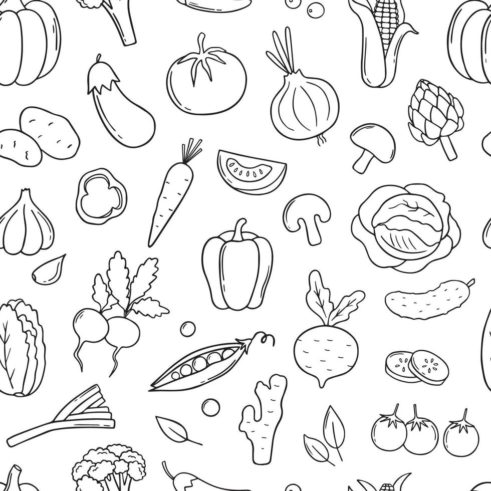 modèle sans couture de doodle de légumes. carotte, radis, salade, concombre, chou en style croquis. illustration vectorielle isolée sur fond blanc. vecteur