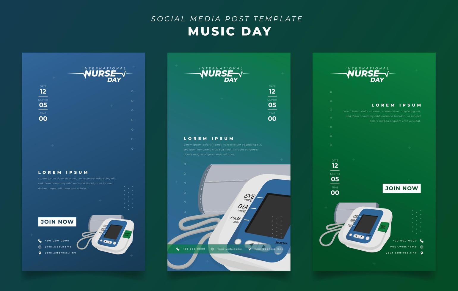 ensemble de modèles de publication sur les médias sociaux sur fond vert et bleu pour la conception de la journée internationale des infirmières vecteur