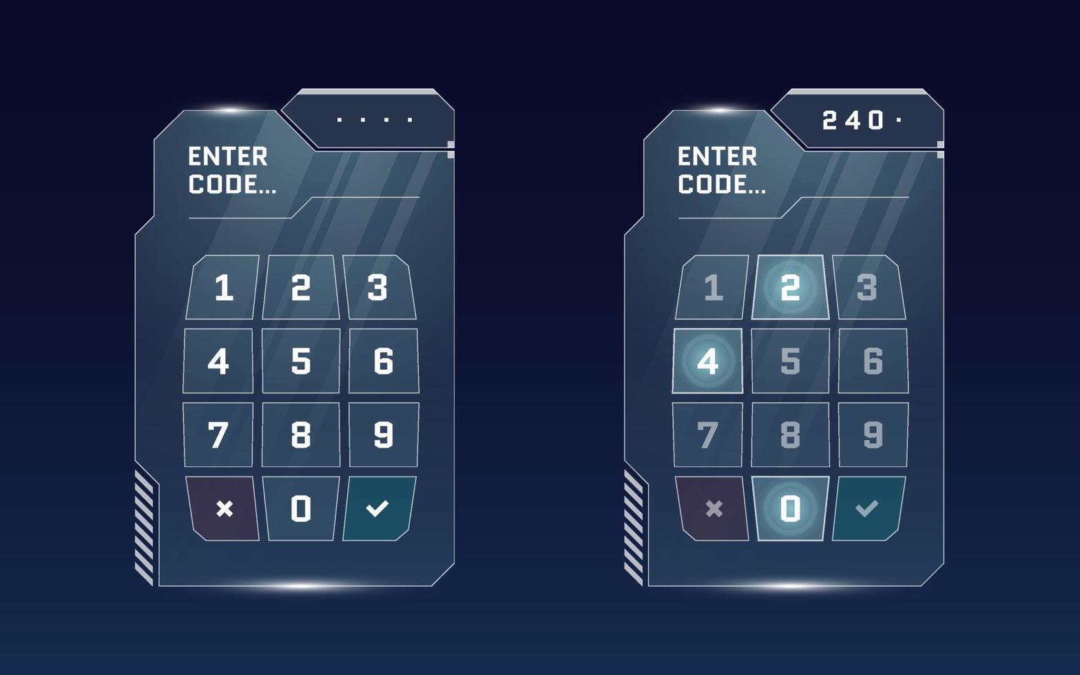 hud ensemble de panneaux d'entrée de code pin d'interface utilisateur futuriste numérique. concept d'écran lumineux de protection de haute technologie de science-fiction. numéro de menu de jeu touchant le tableau de bord. cyber espace clavier vecteur eps illustration