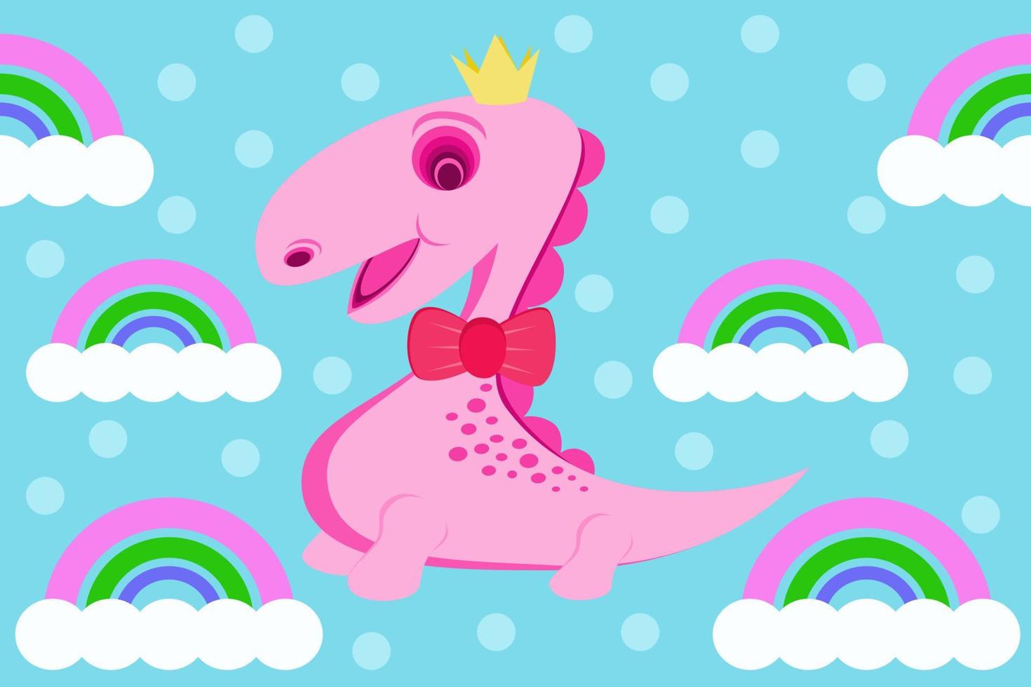 illustration de motif de dinosaure rose nuage et arc-en-ciel, fond d'écran de dessin animé vecteur