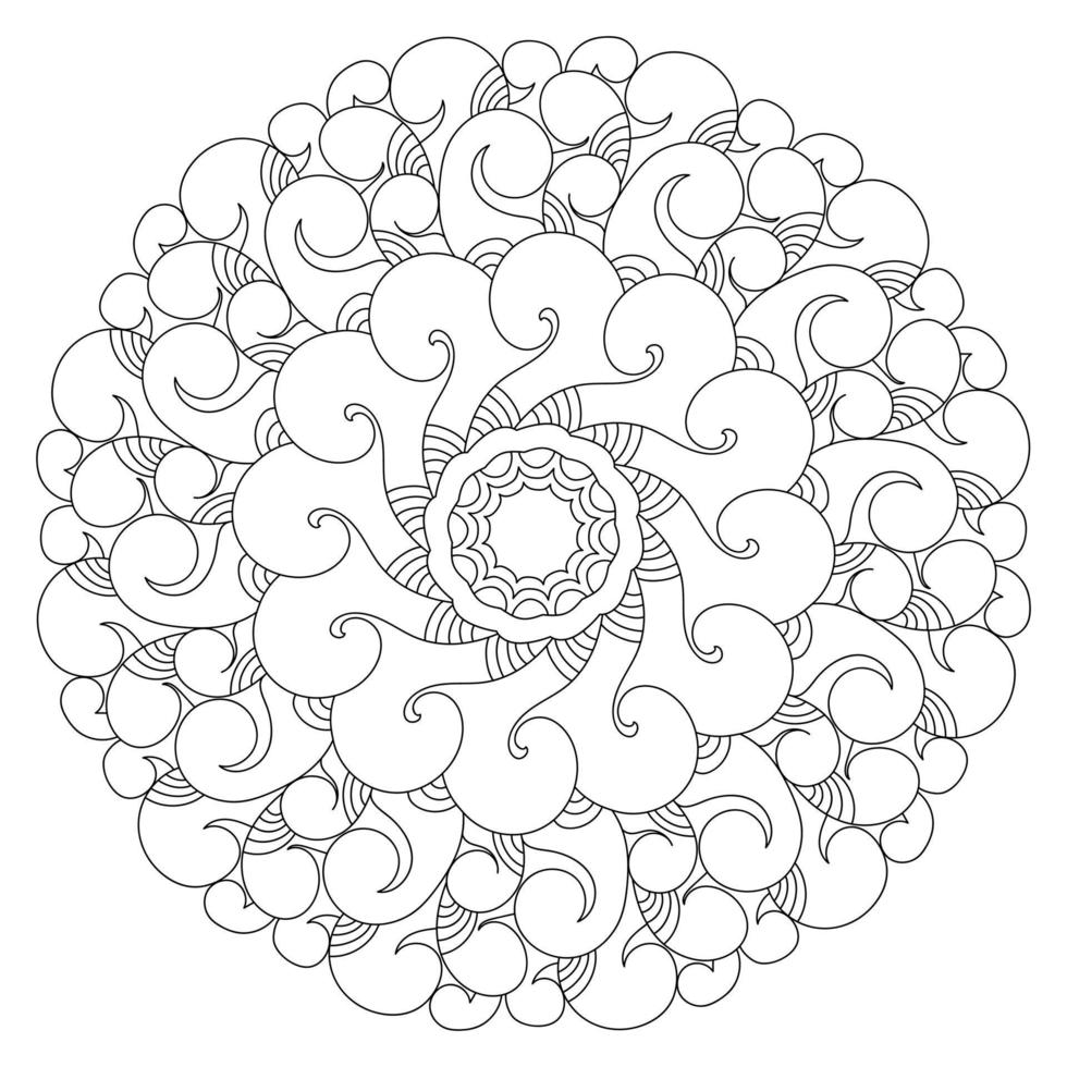 page de coloriage de mandala avec des boucles et des arcs symétriques, des vagues et des virages dans un motif abstrait circulaire vecteur