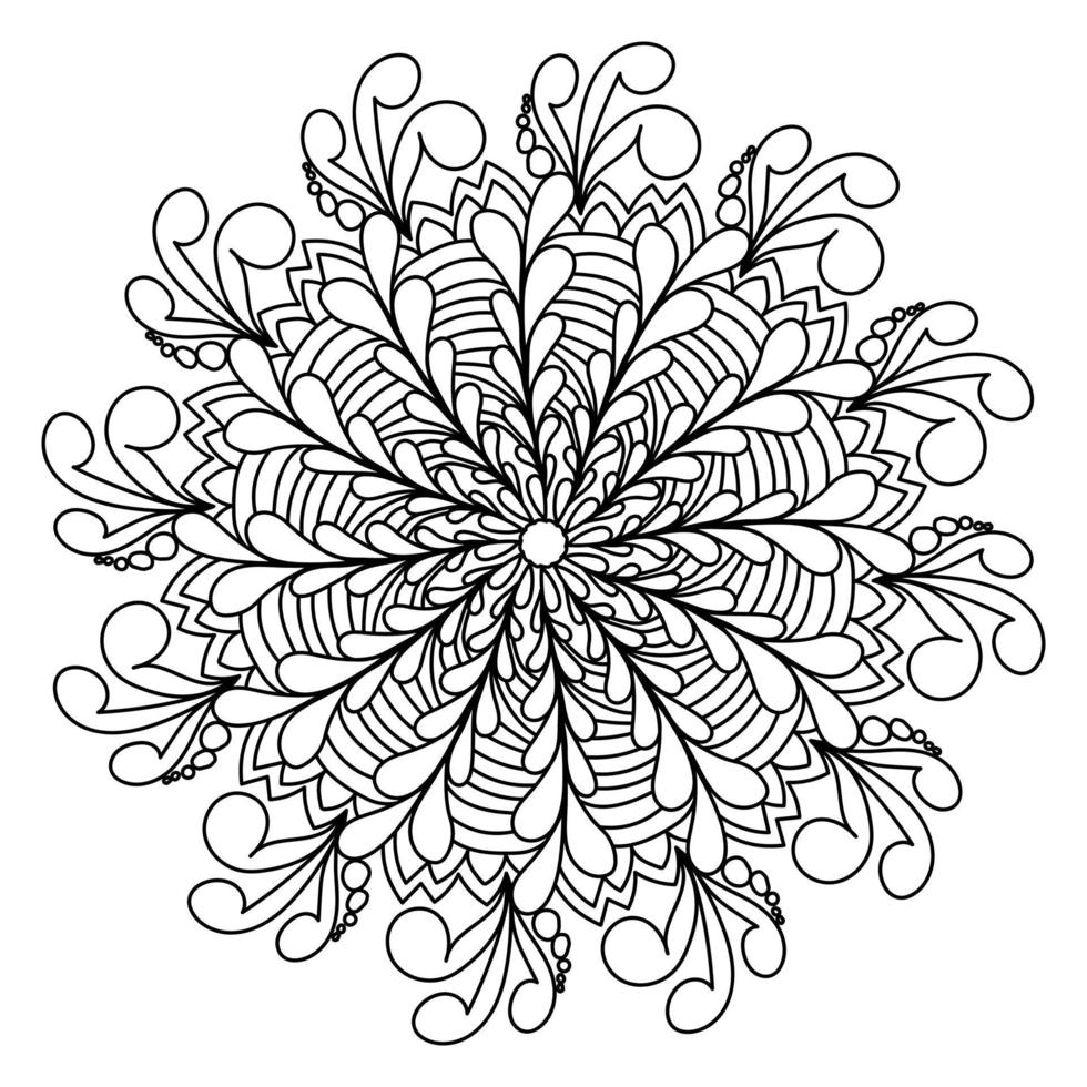mandala de contour avec seize rayons d'éléments végétaux abstraits similaires à des boucles et des gouttes, coloriage anti-stress zen vecteur