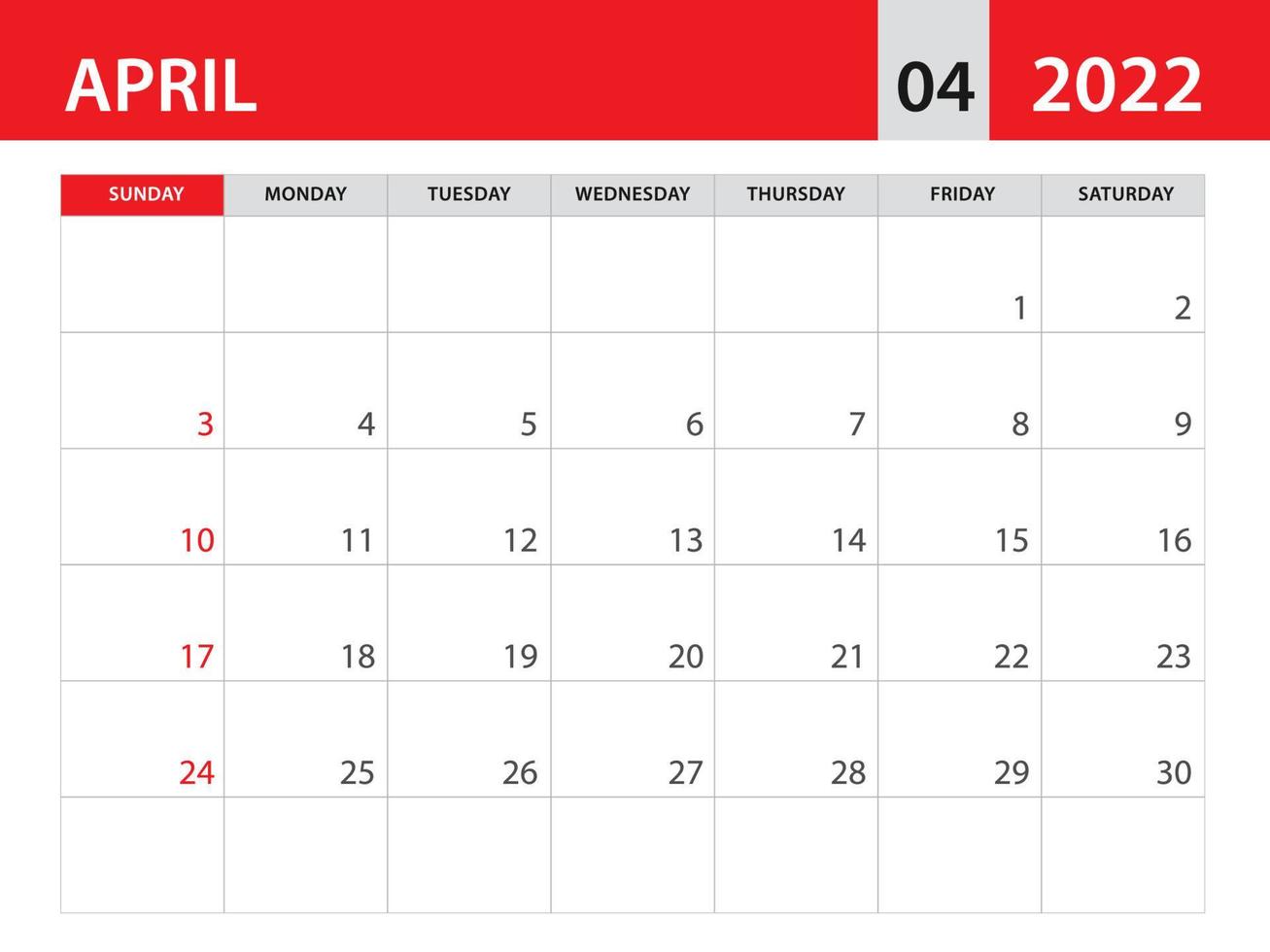 modèle d'avril 2022, vecteur de modèle de calendrier 2022, conception mensuelle du planificateur, calendrier de bureau 2022