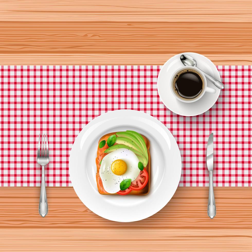 menu du petit déjeuner avec œuf au plat, pain grillé et tasse de café noir sur table en bois vecteur