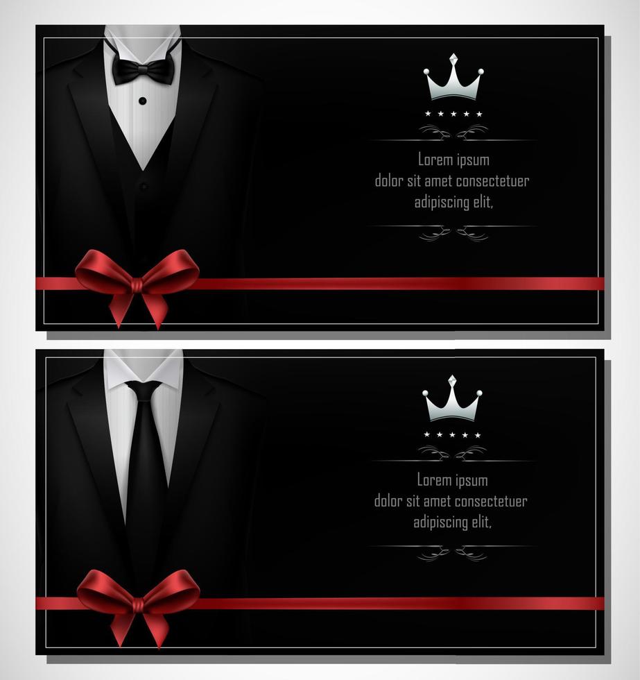 ensemble de modèles de cartes de visite de smoking noir avec costumes pour hommes et cravate rouge vecteur