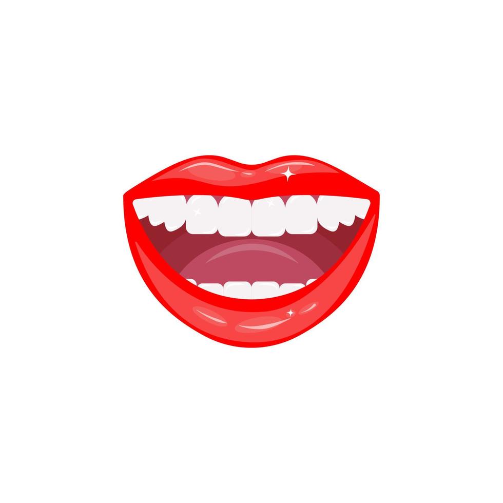 bouche féminine souriante ouverte avec des dents blanches saines. gros plan de lèvres sensuelles rougeoyantes. soins dentaires. maquillage des lèvres. illustration vectorielle isolée sur fond blanc. vecteur