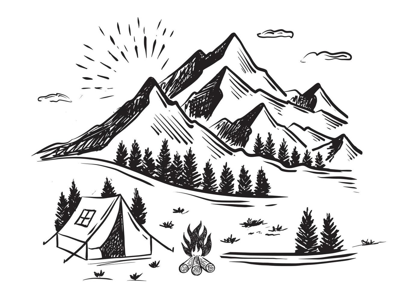 camping dans la nature, paysage de montagne, style de croquis, illustrations vectorielles vecteur