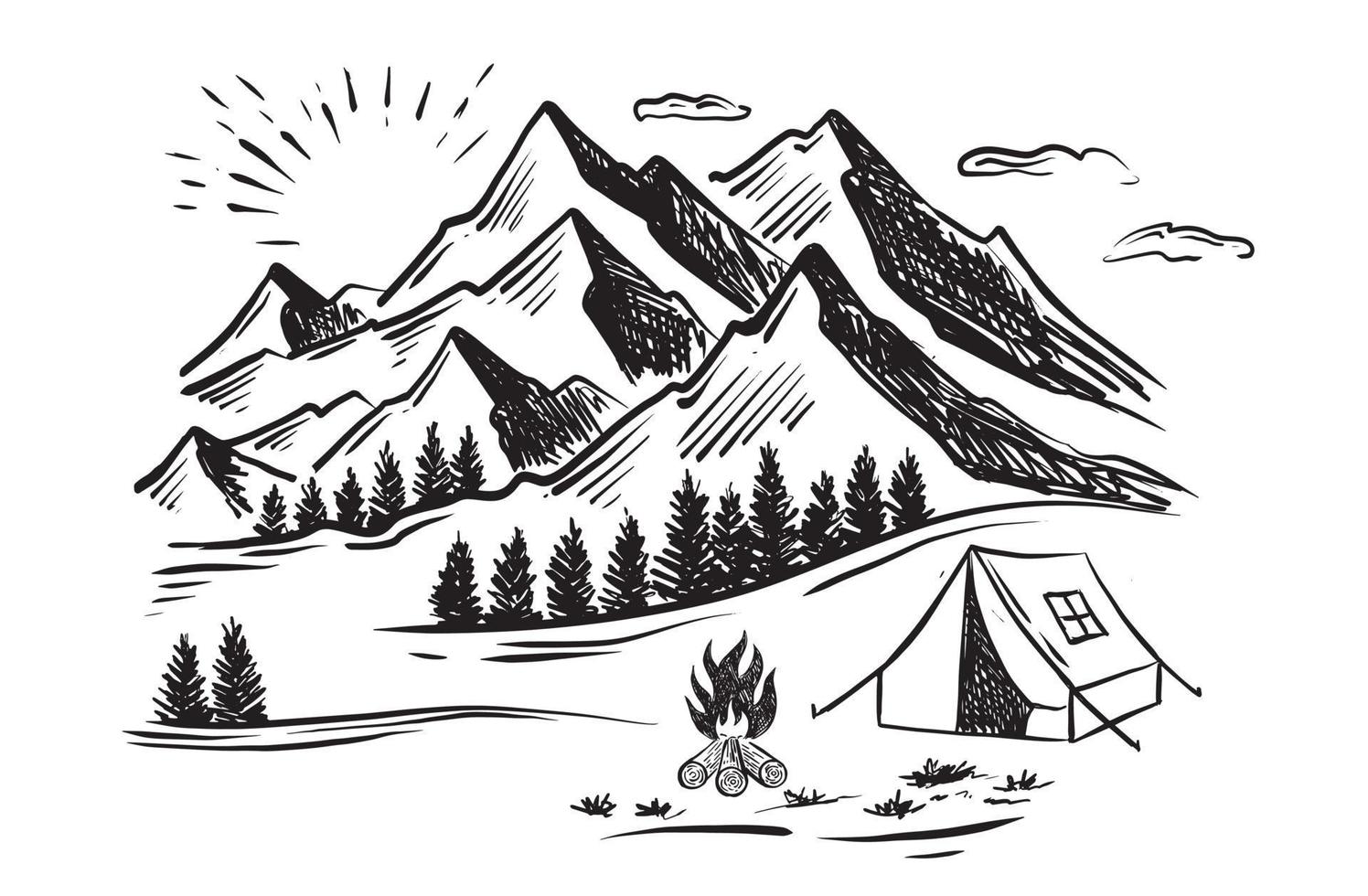 camping dans la nature, paysage de montagne, style de croquis, illustrations vectorielles vecteur