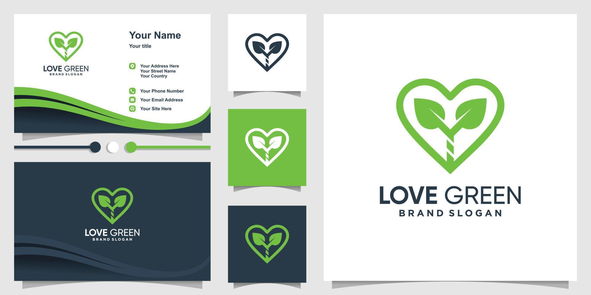 modèle de logo vert d'amour et carte de visite avec vecteur premium de concept moderne