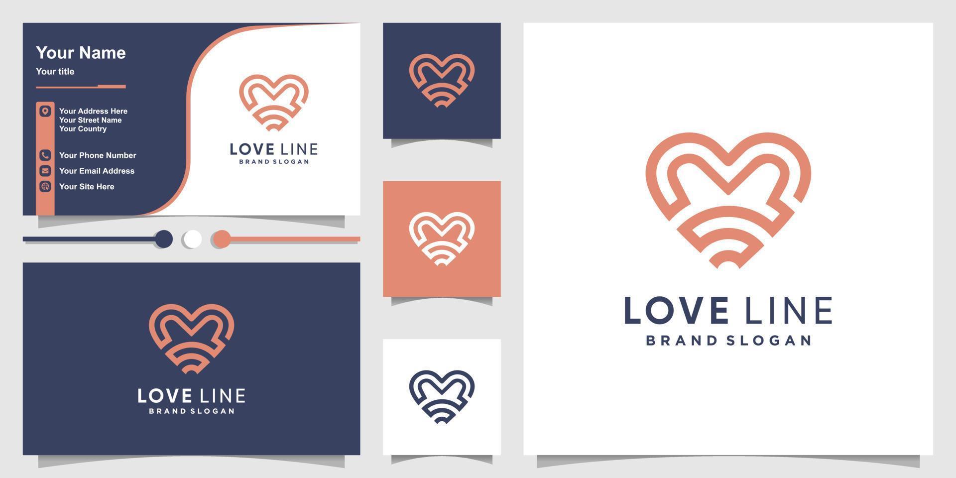 logo coeur avec concept de rayures unique et conception de carte de visite vecteur premium