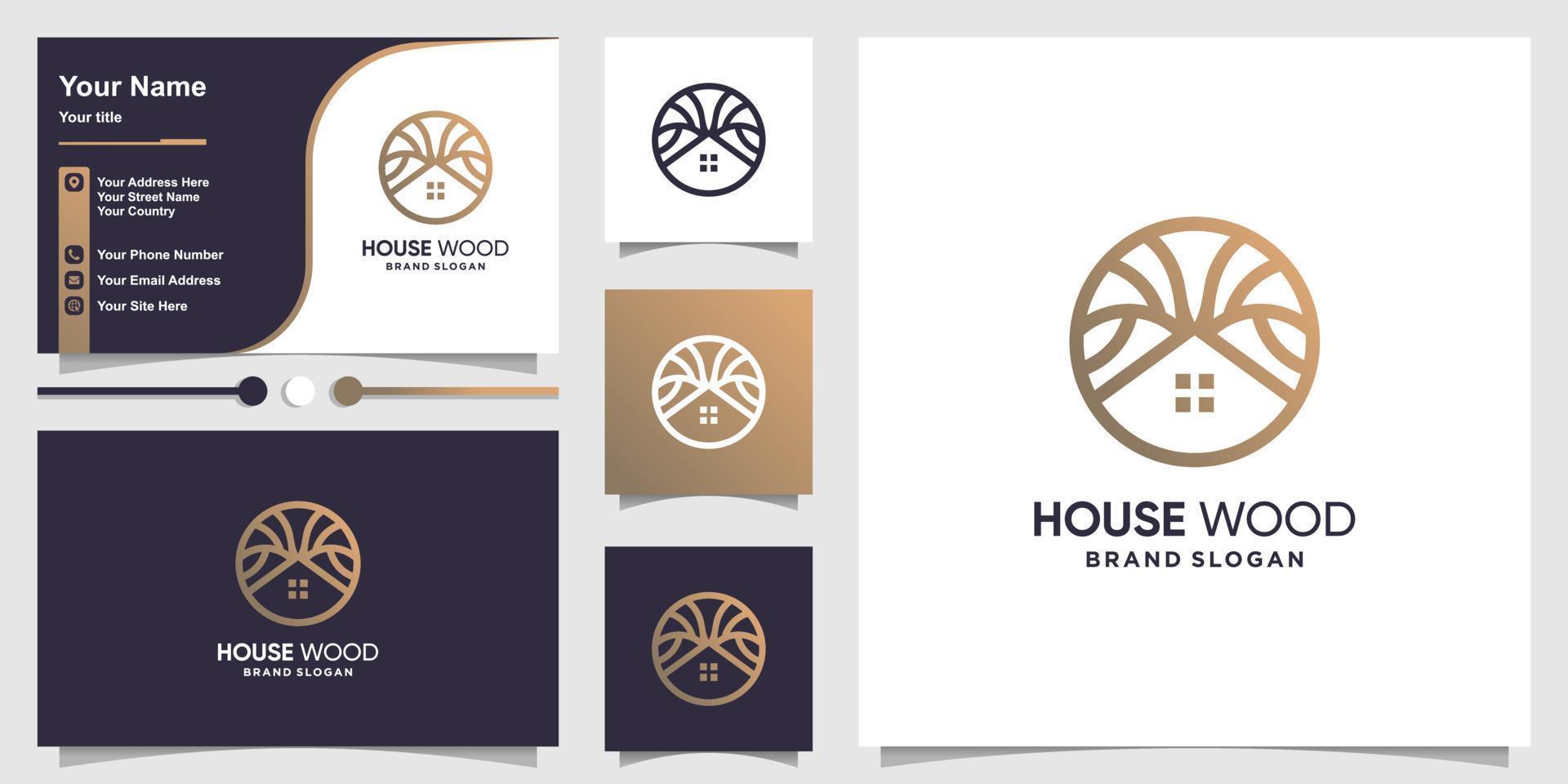 logo en bois de maison avec concept moderne et conception de carte de visite vecteur premium