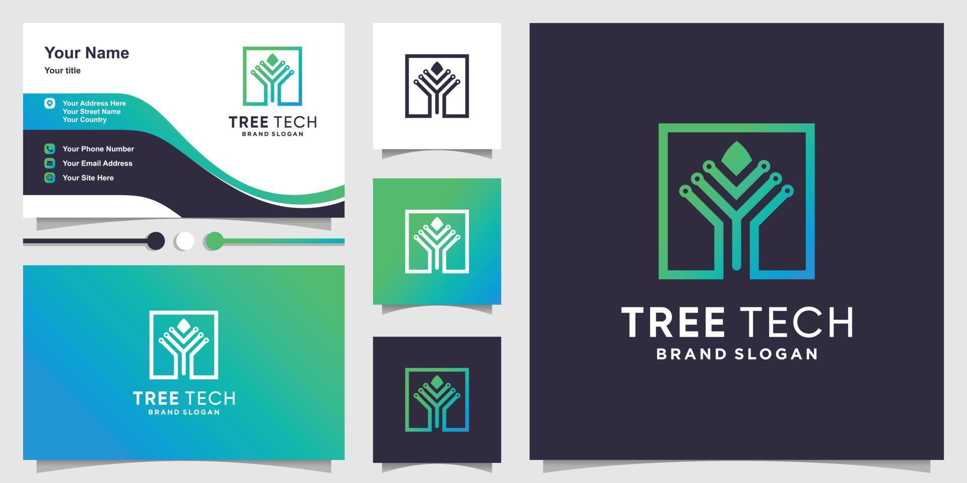 logo de technologie d'arbre avec concept de données créatives et conception de carte de visite vecteur premium
