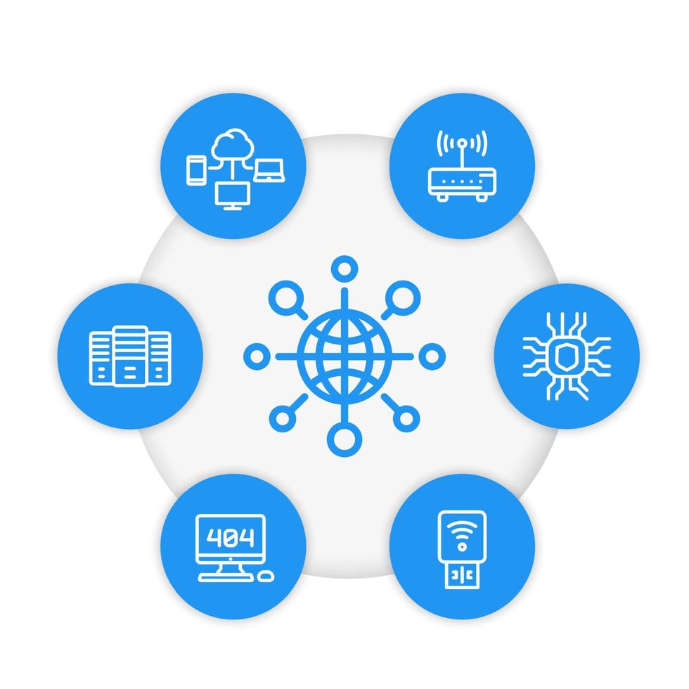 réseau, ensemble d'icônes de ligne de technologie Internet, connexion globale, serveurs, modem, routeur, cloud computing vecteur