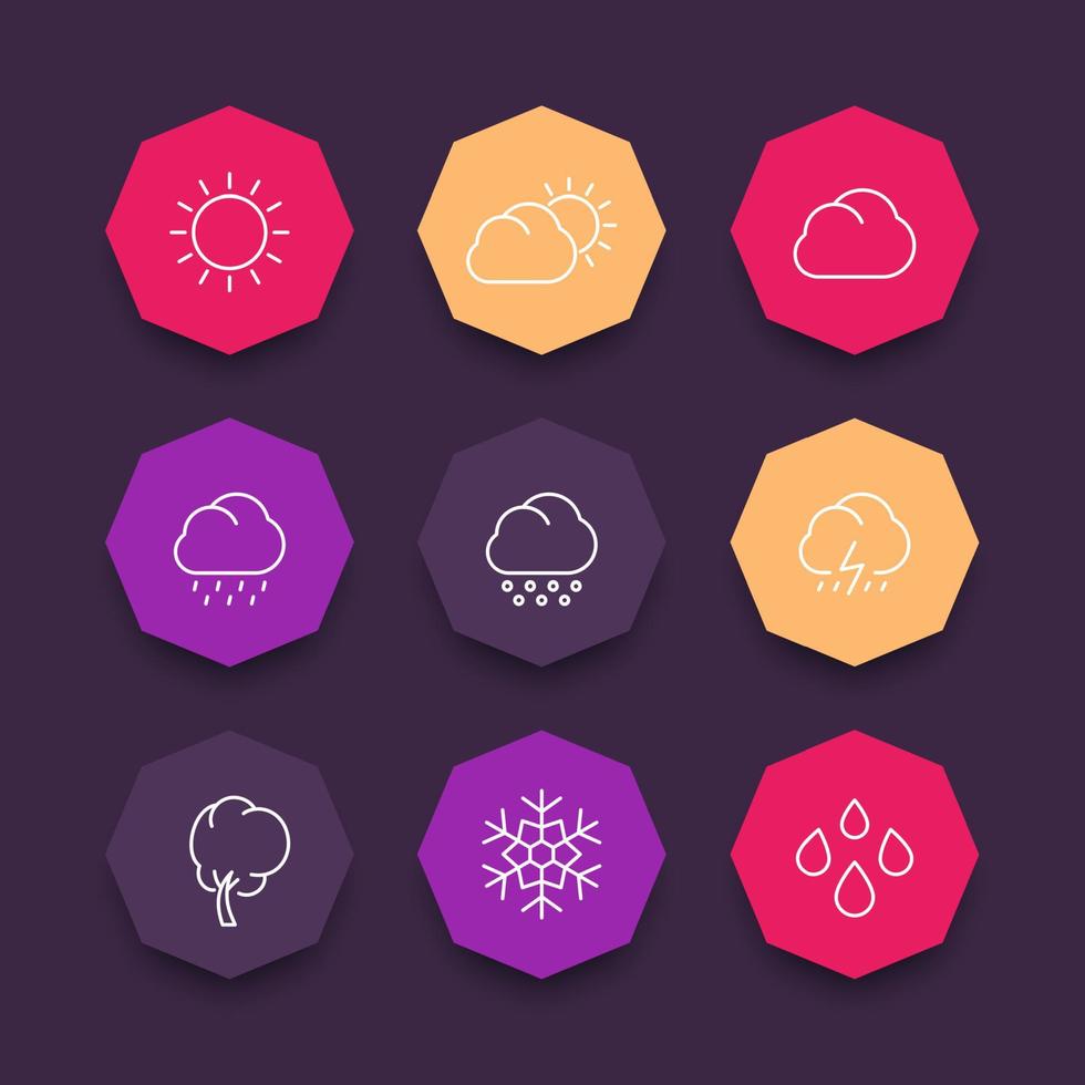 icônes de ligne météo, temps ensoleillé, nuageux, pluie, grêle, neige, vent, soleil, jeu d'icônes octogonales de couleur, illustration vectorielle vecteur
