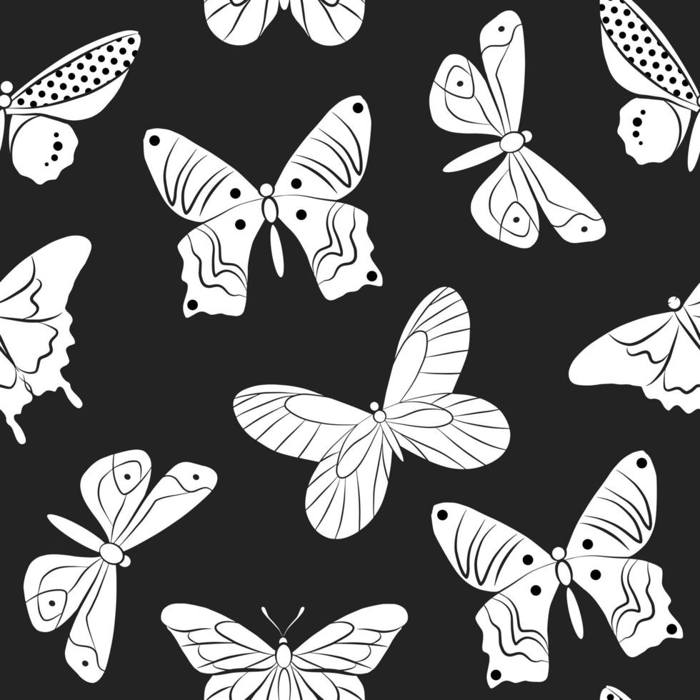 papillon insecte isolé illustration vectorielle. modèle de modèle sans couture noir et blanc. contour graphique simple dessin sur tableau noir. jeu d'icônes d'animaux mouche doodle. vecteur