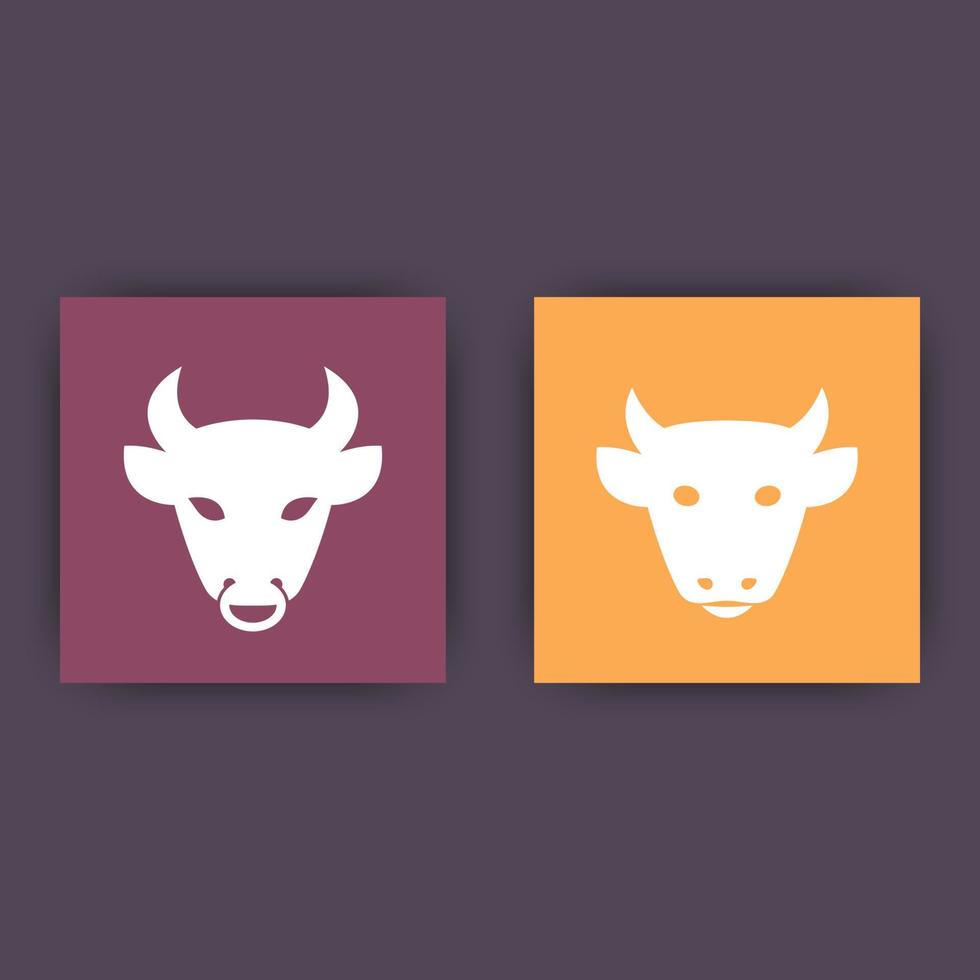 têtes de vache et de taureau, icône de bétail, ferme bovine, ranch, icônes carrées, illustration vectorielle vecteur