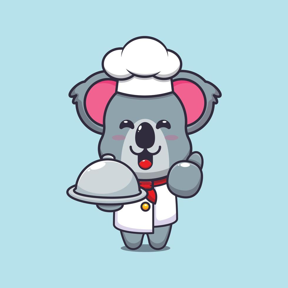 personnage de dessin animé mignon koala chef mascotte avec plat vecteur