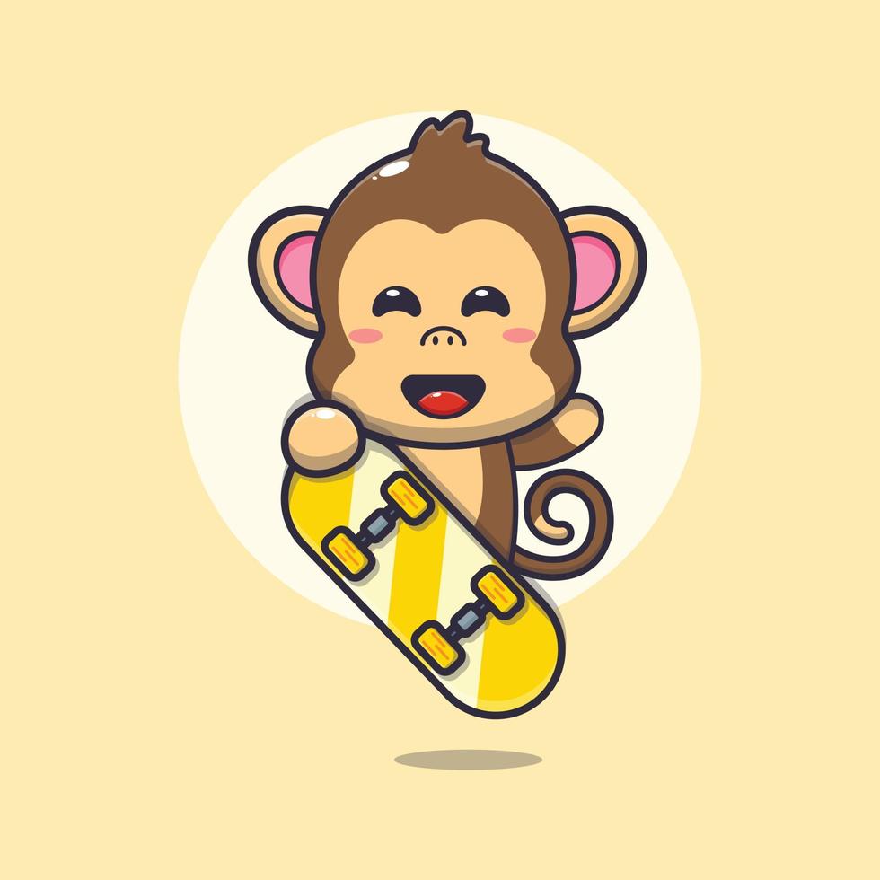 personnage de dessin animé de mascotte de singe mignon avec planche à roulettes vecteur