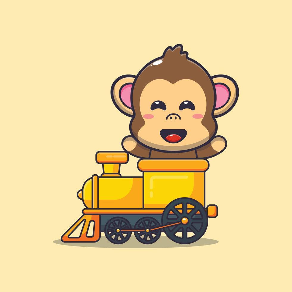 personnage de dessin animé de mascotte de singe mignon monter dans le train vecteur