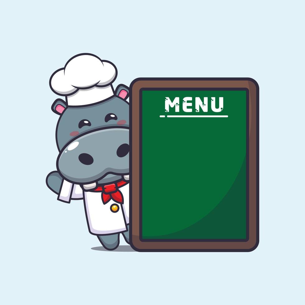 personnage de dessin animé de mascotte de chef hippopotame mignon avec tableau de menu vecteur