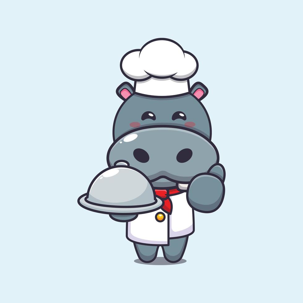 mignon, hippopotame, chef mascotte, dessin animé, caractère, à, plat vecteur