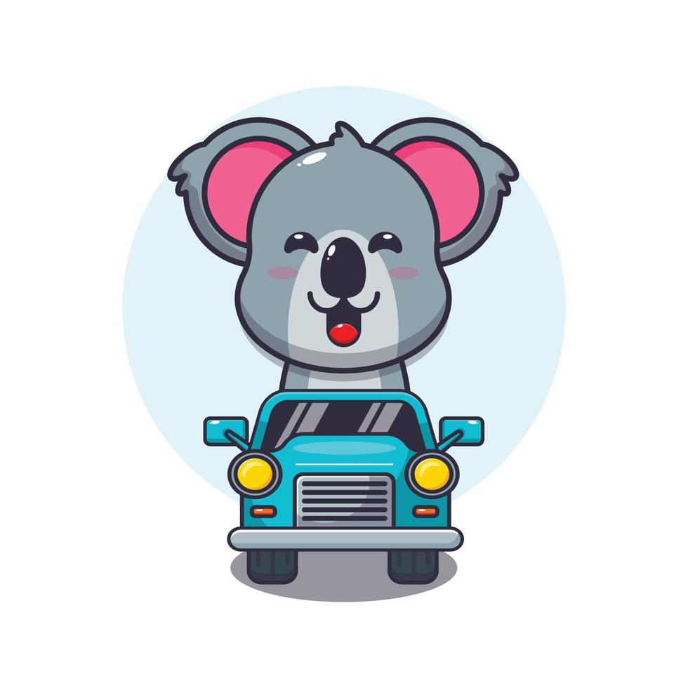 personnage de dessin animé de mascotte de koala mignon en voiture vecteur