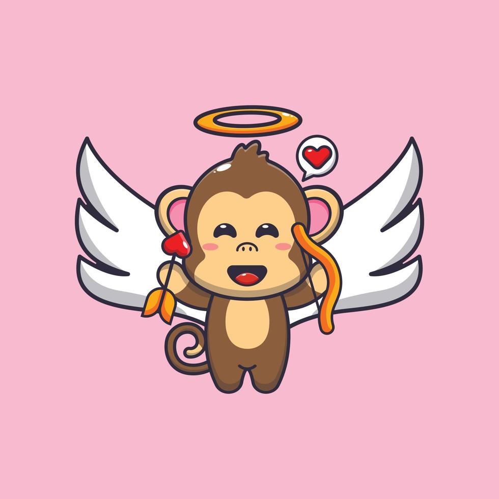 personnage de dessin animé mignon singe cupidon tenant une flèche d'amour vecteur