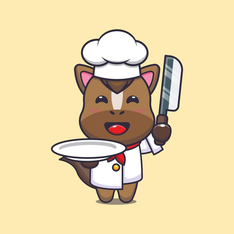 personnage de dessin animé de mascotte de chef de cheval mignon avec couteau et assiette vecteur